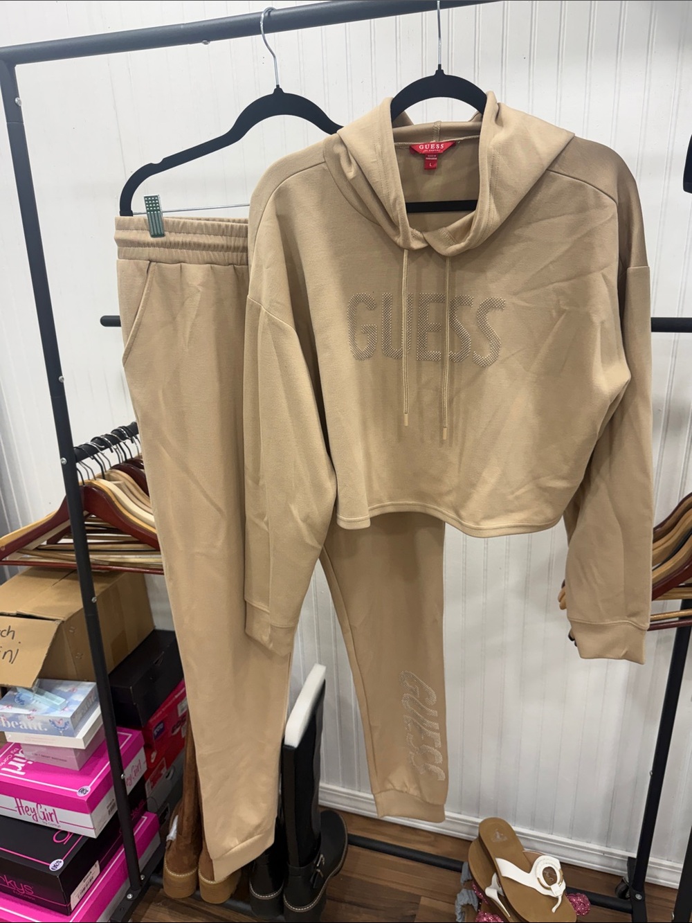 Women’s Guess Beige Sparkly Raised Logo Cropped Hoodie & Joggers Set Large
